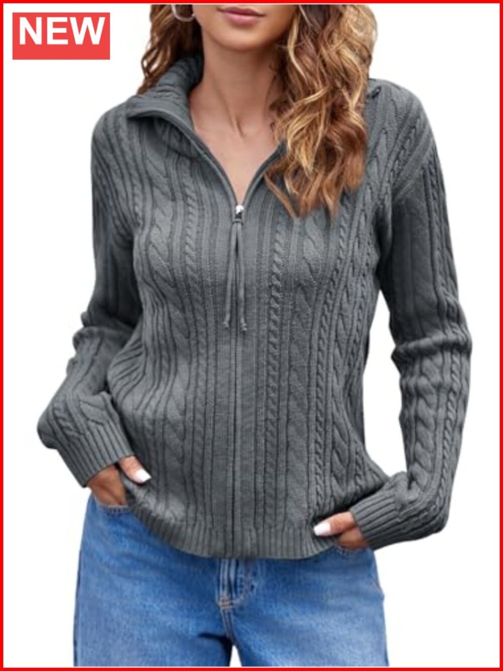Cable Knit Zip Up Cardigan Collared Long Sleeve Vintage Sweater